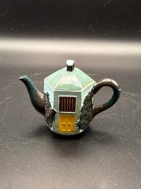Vintage Miniature Ceramic Teapot Teal Green Iridescent Gold Trim Mini Decorative
